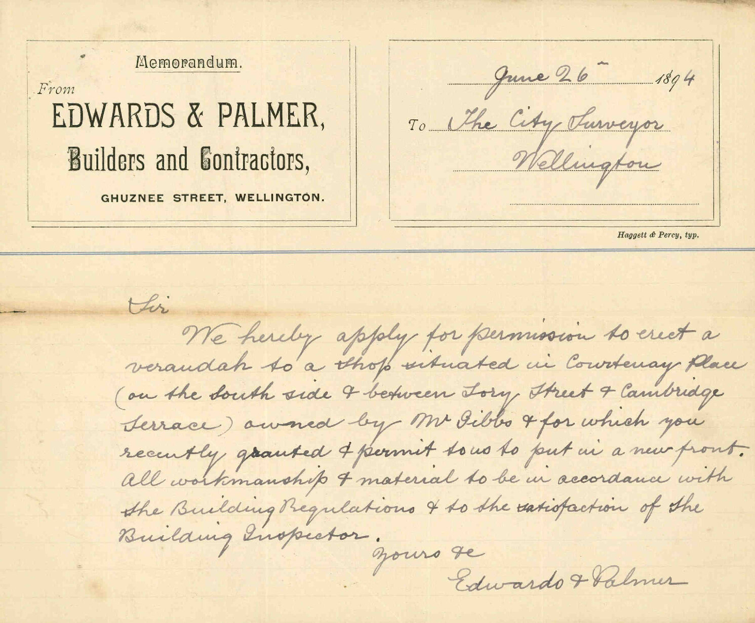 Asking leave to erect verandah - Edwards &amp; Palmer