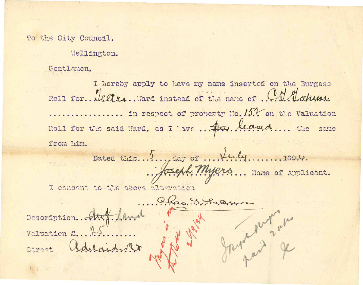 Asking to be placed on Burgess Roll - Joseph Myers