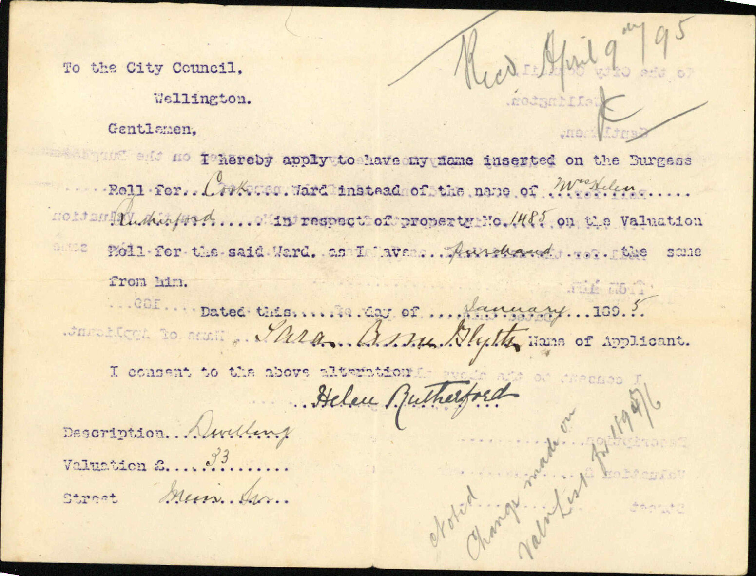 Application to be placed on Burgess Roll - Mrs Blyth