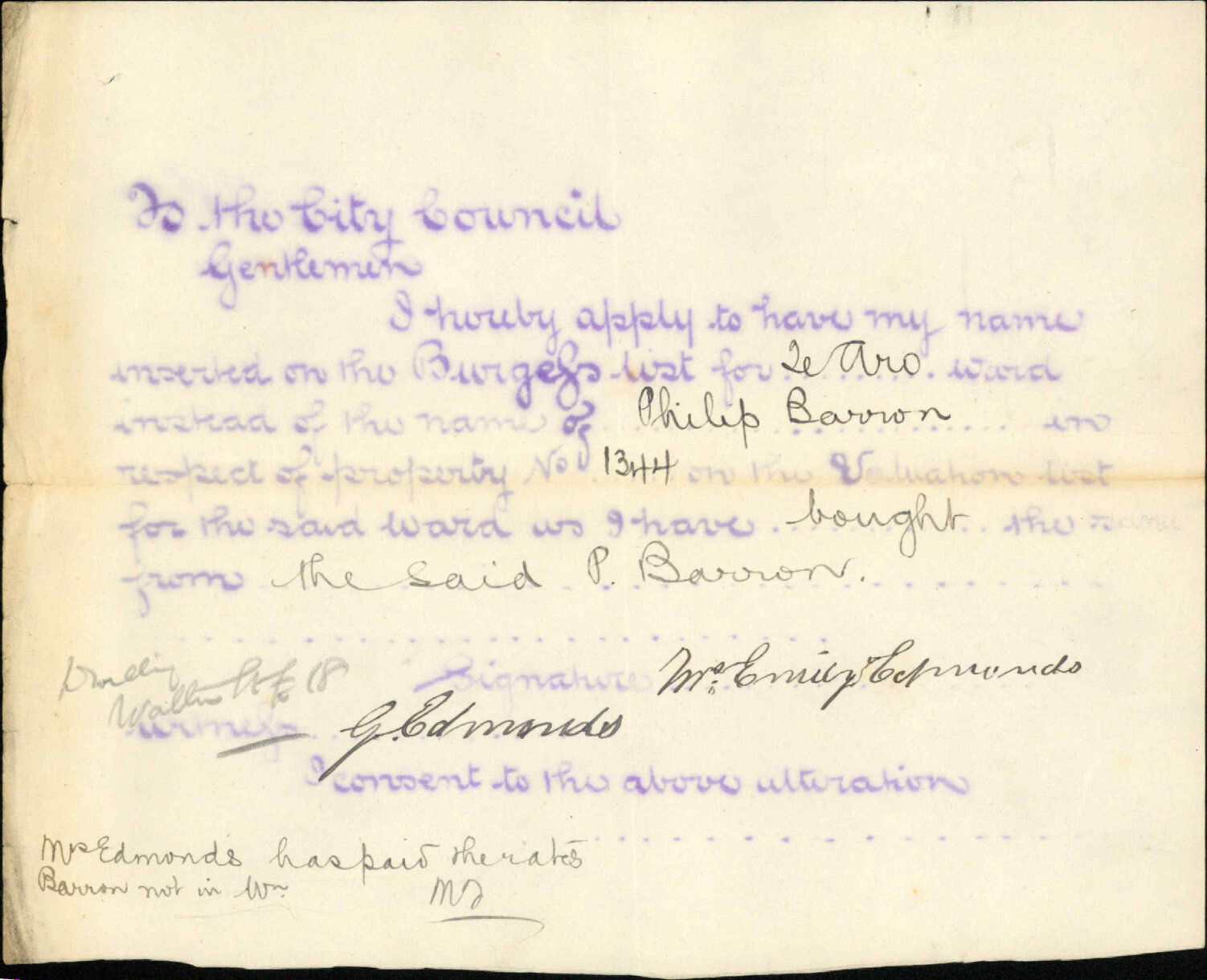 Application to be placed on burgess roll - Mrs Edmonds