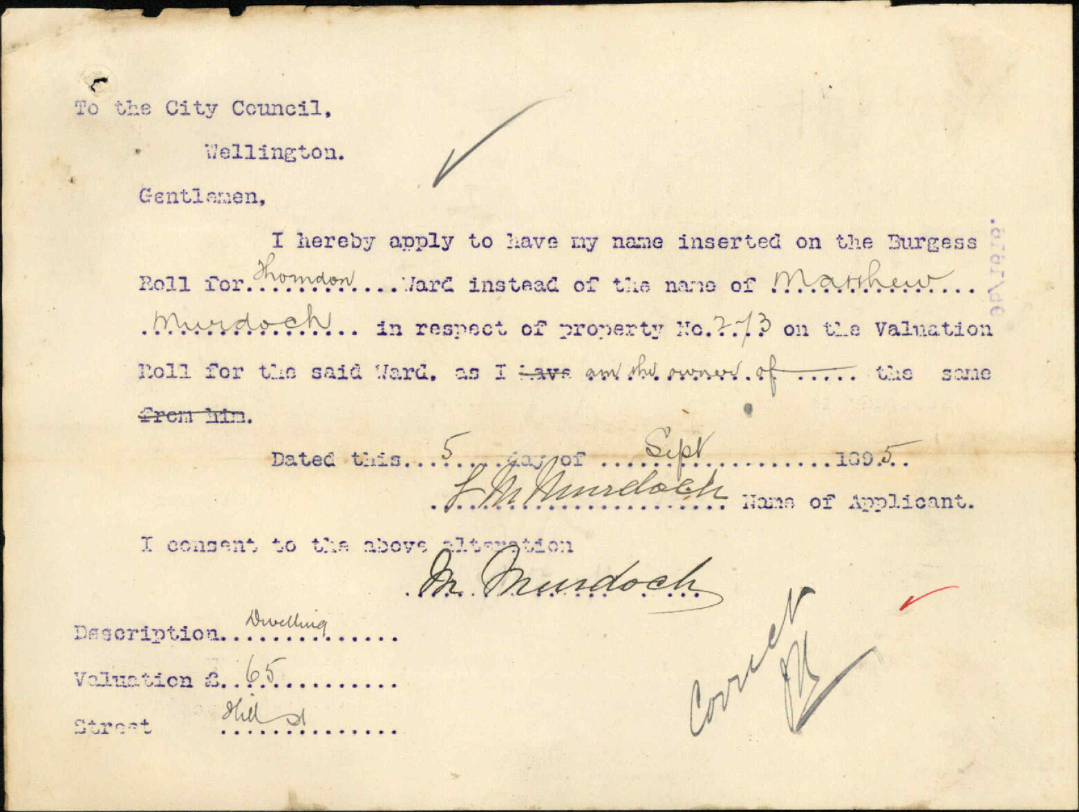 Asking to be placed on Burgess Roll - Mrs Murdoch