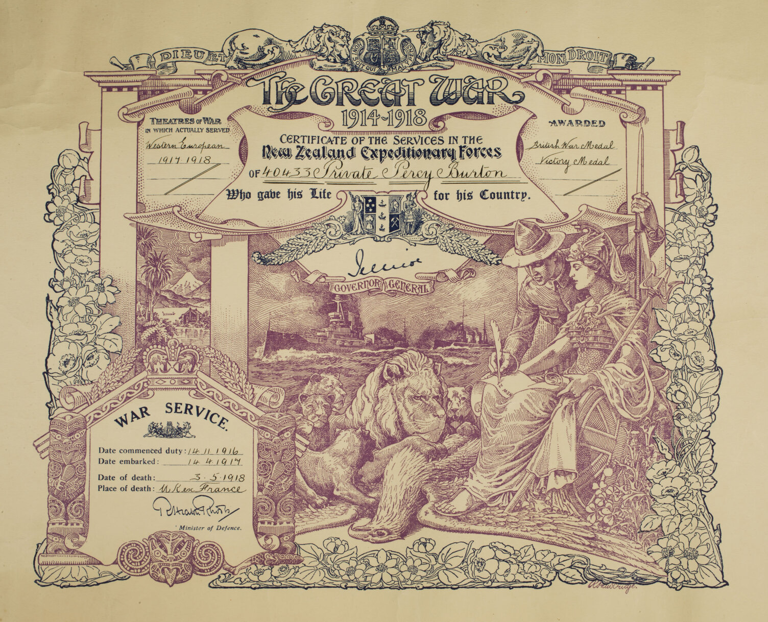 Illuminated certificate of service and cover letters Private Percy Burton 40433 