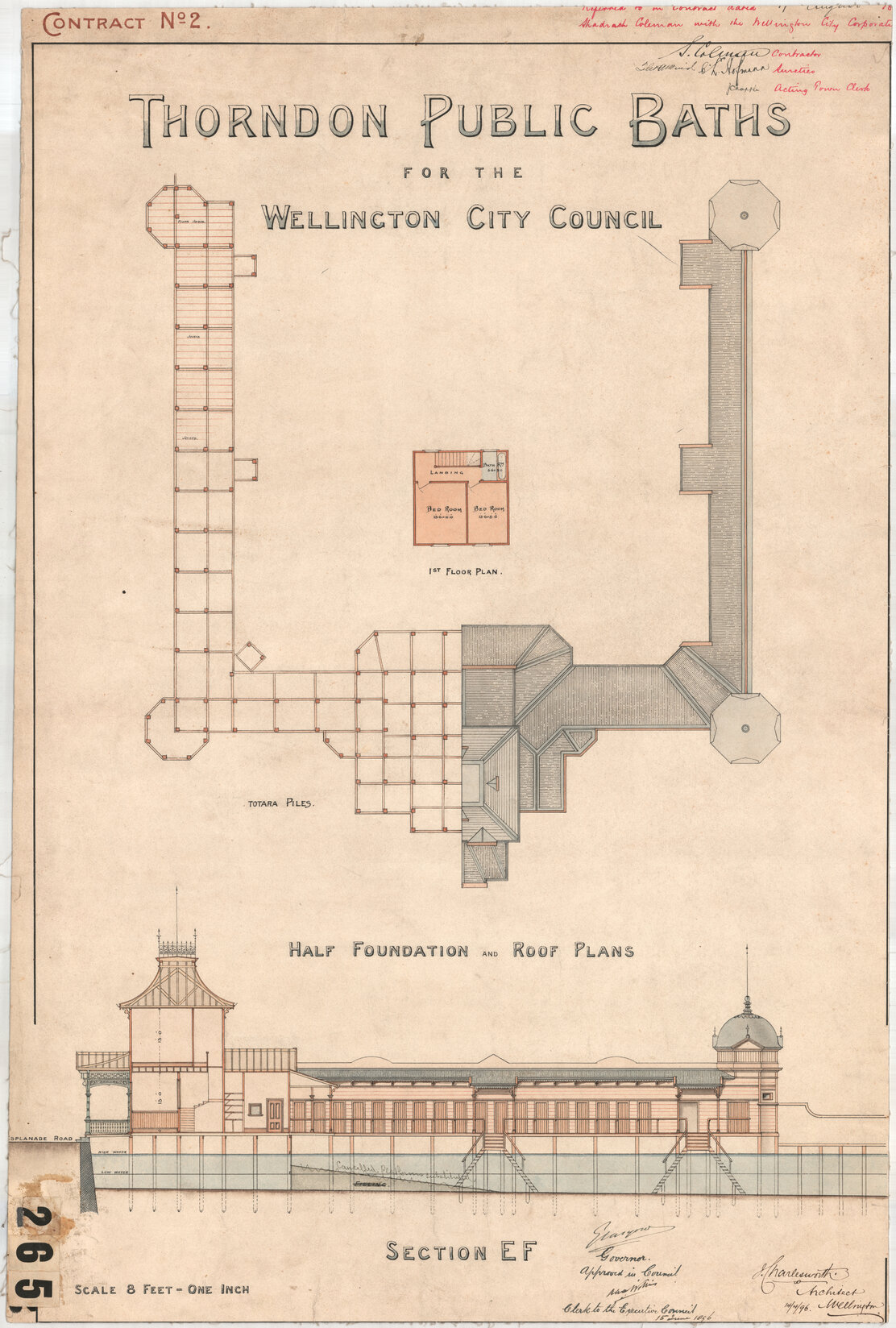Thorndon Baths, half foundation and roof plans
