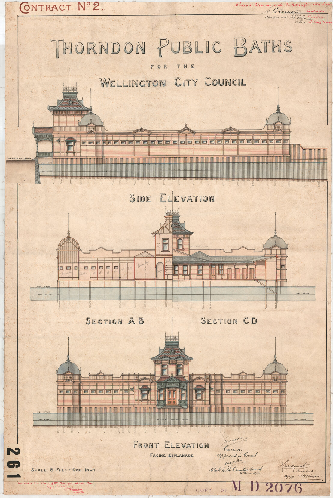 Thorndon Baths, side and front elevations, sections A-B and C-D