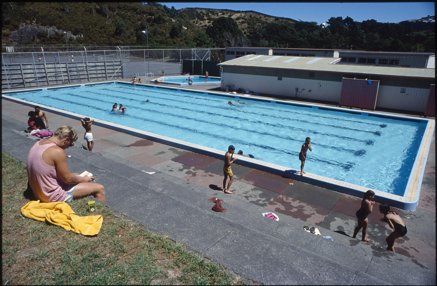 Wellington East Girls College swimming pool, children playing