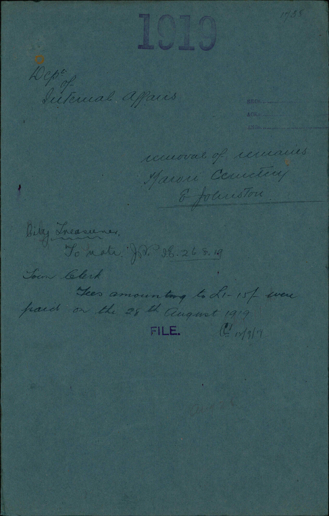 Removal of remains, Karori Cemetery, E Johnston - Department of Internal Affairs