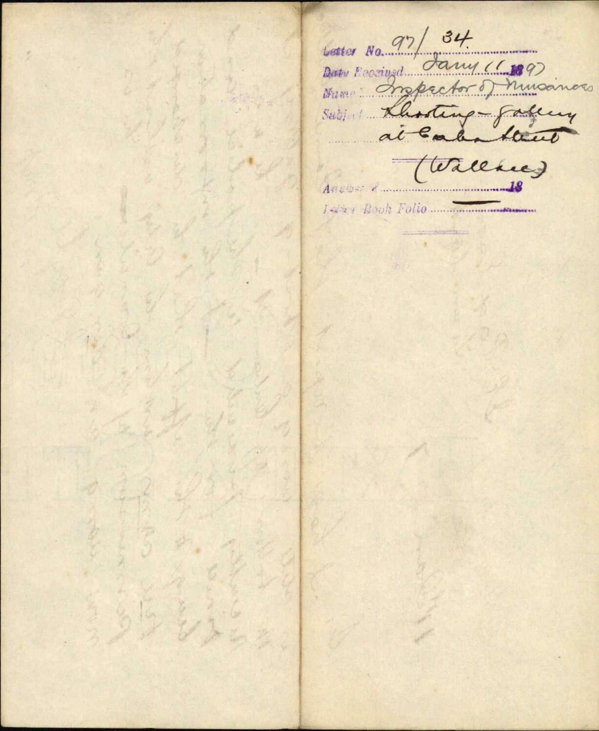 J Doyle (Inspector of Nuisances) Re Memo to Town Clerk re Shooting Gallery at Cuba Street (James Wallace)