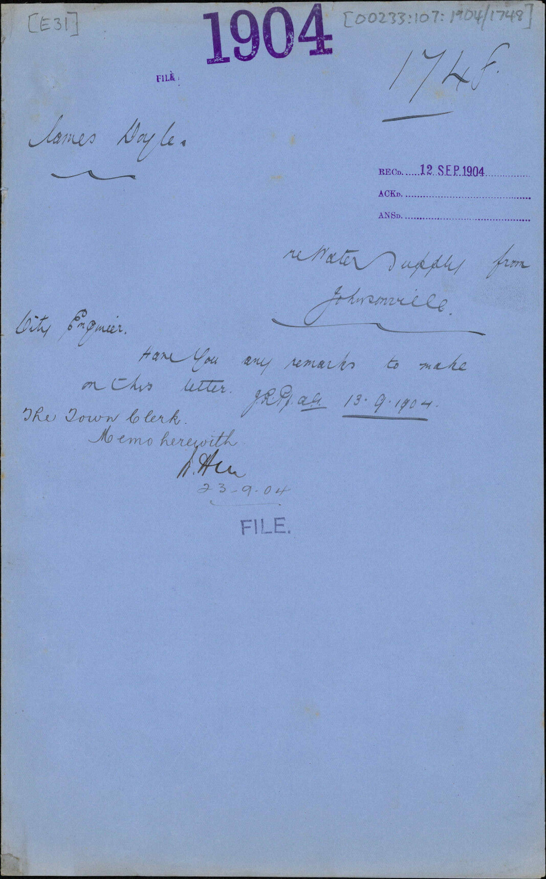 Re water supply to Johnsonville - James Doyle
