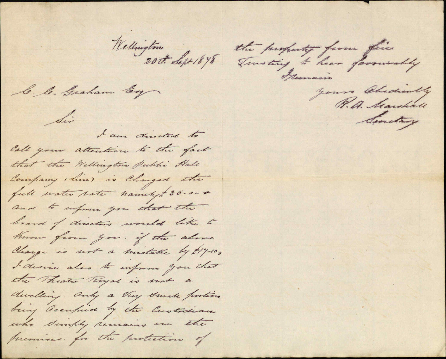 Re asking about water rate, Custodian of Theatre Royal - Wellington Public Hall Co