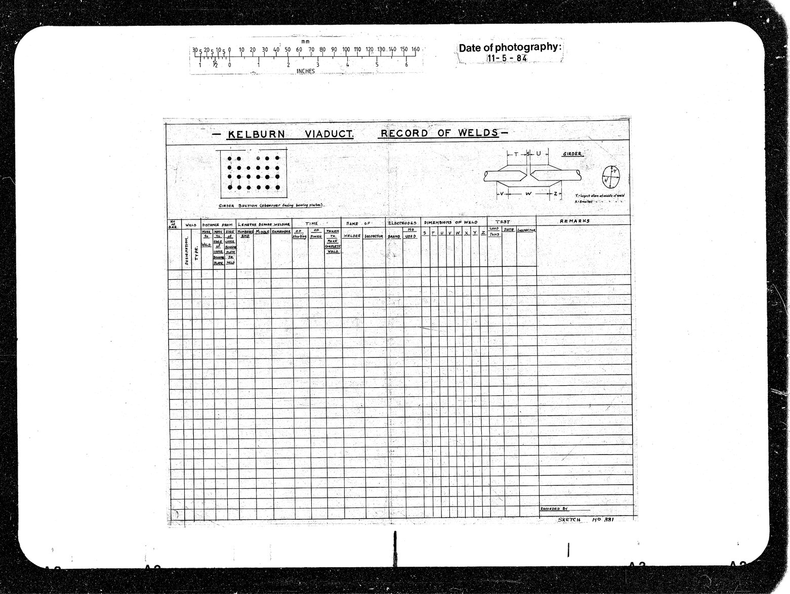 Kelburn Viaduct, Weld Tabulation