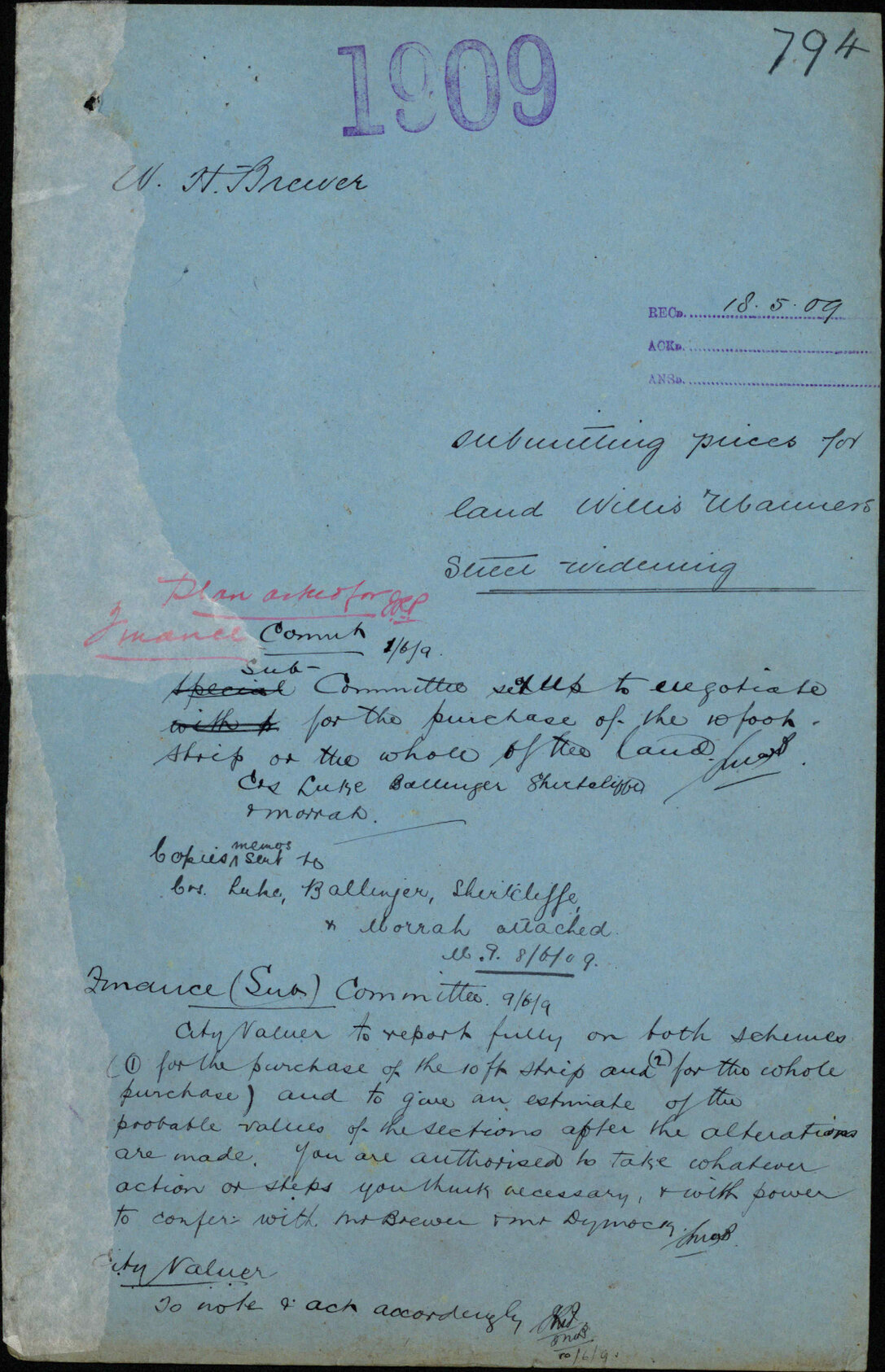 Submitting prices for land, Willis and Manners Street widening - W H Brewer