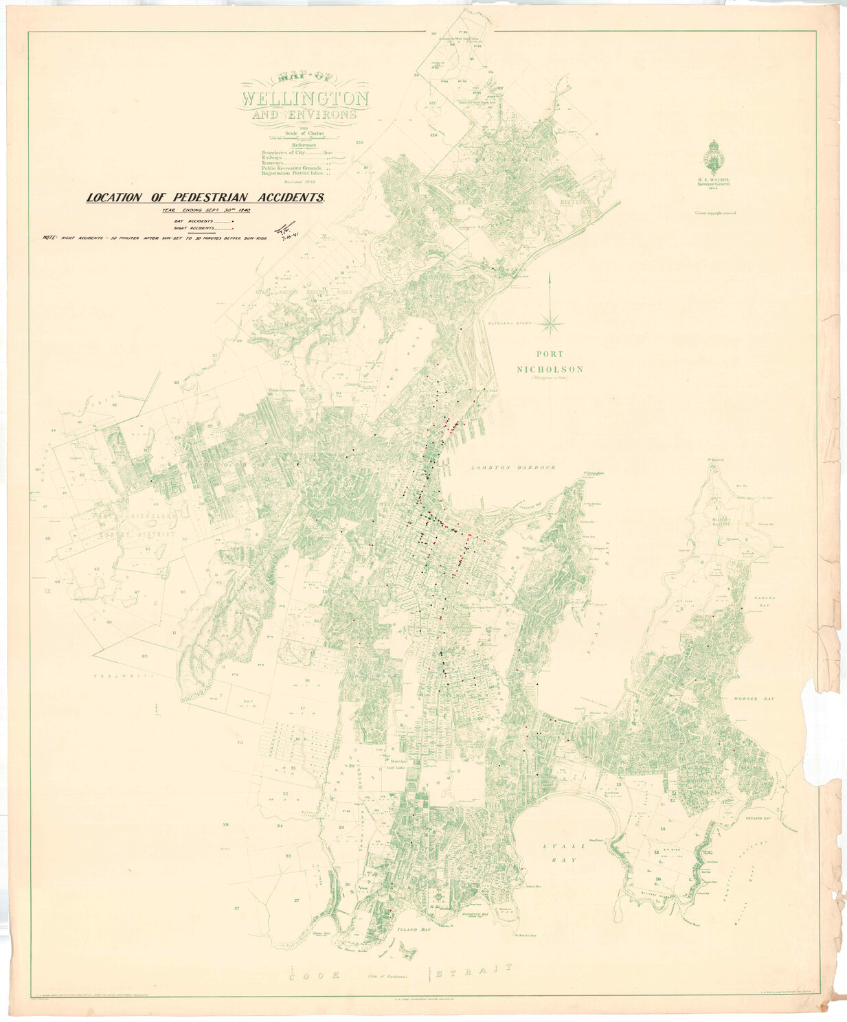 Town Planning Department, Wellington showing location of pedestrian accidents, year ending 30 September 1940