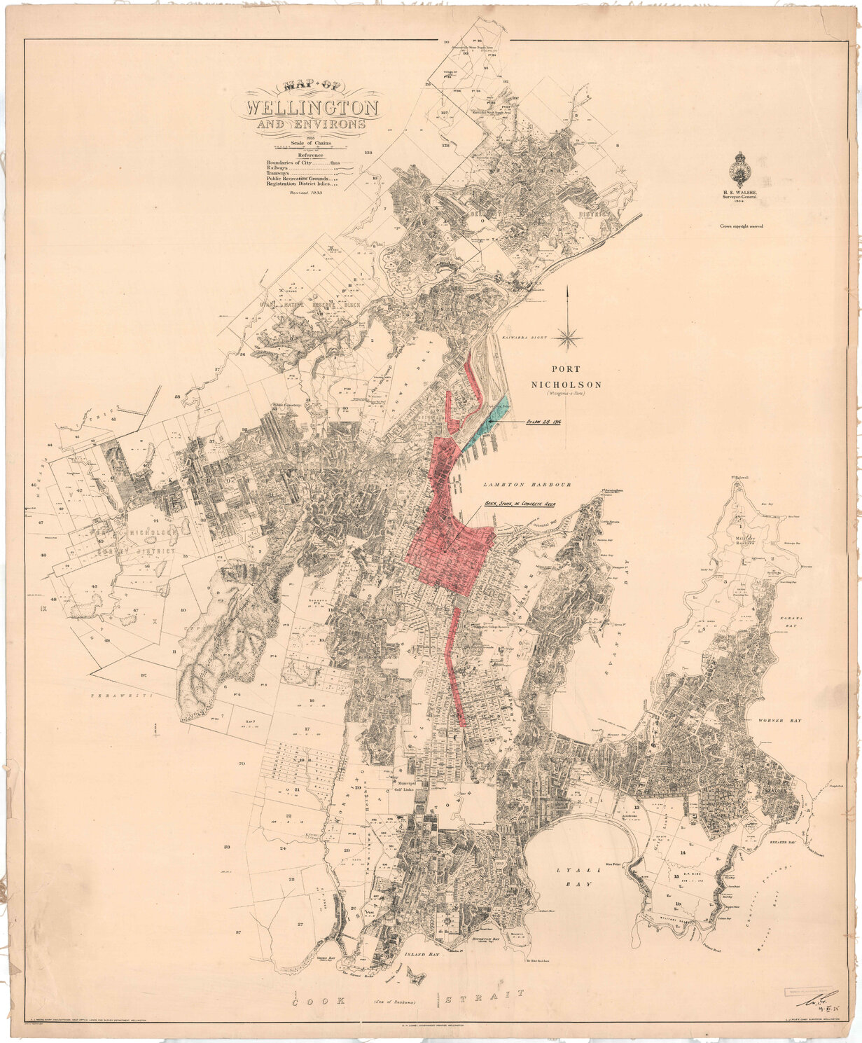 Town Planning Department, Wellington showing brick, stone or concrete area, and area under Bylaw 2B, 1916