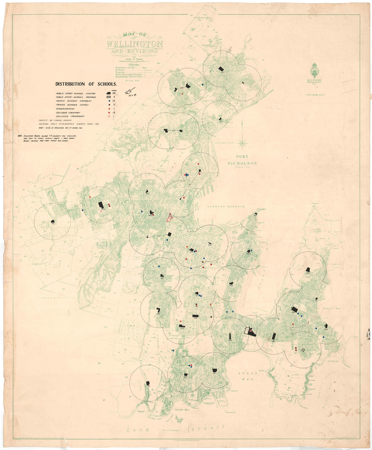 Town Planning Department, Wellington showing distribution of schools, 1939