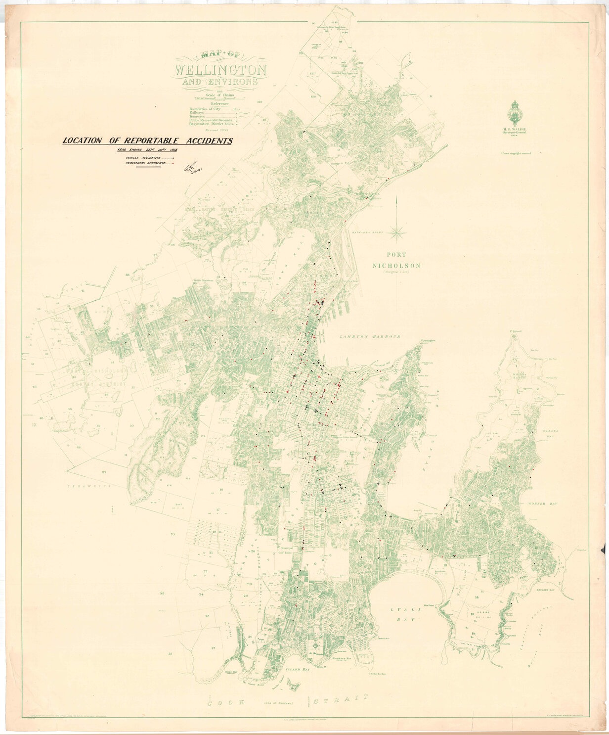 Town Planning Department, Wellington showing location of reportable accidents, year ending 30 September 1938