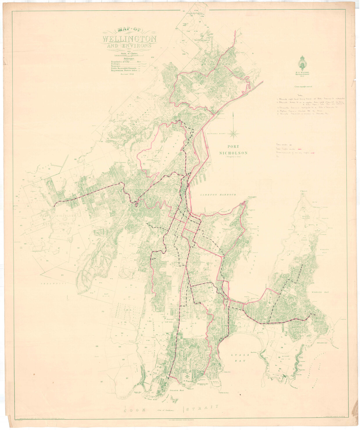 Town Planning Department, Wellington showing tram routes, main traffic routes and encourtagement of one-way traffic routes