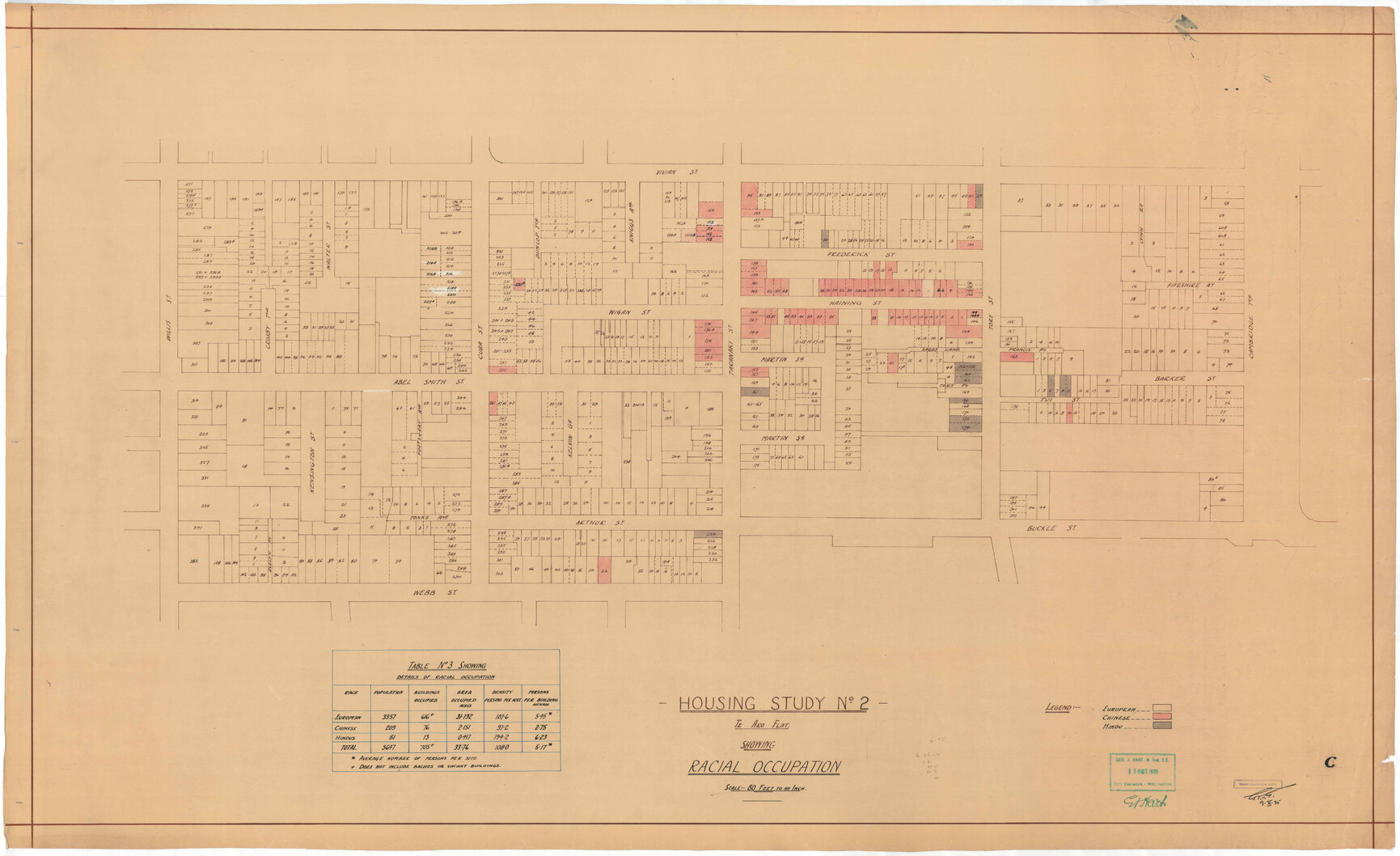 Town Planning Department, Housing Study No. 2, Te Aro Flat, showing racial occupation