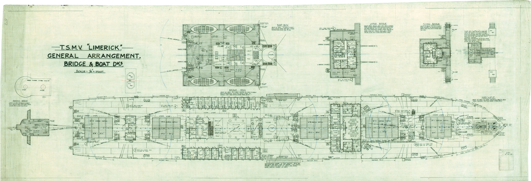 TSMV Limerick, general arrangement, bridge and boat decks