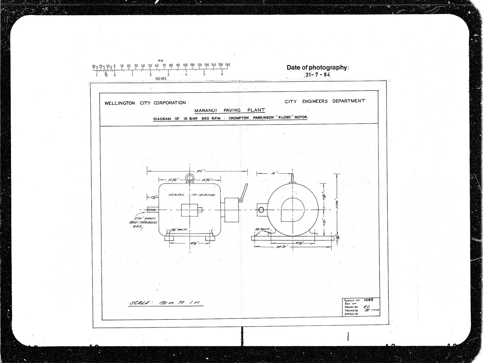 Diagram of 15 BHP 950 RPM, Crompton, Parkinson, KLOSD Motor, Maranui Paving Plant