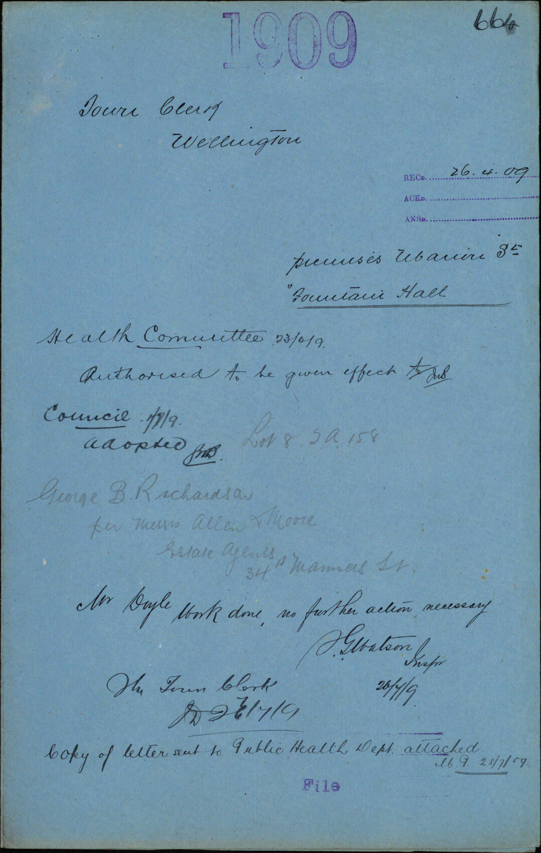 Premises, Marion Street, Fountain Hall - Town Clerk, Wellington