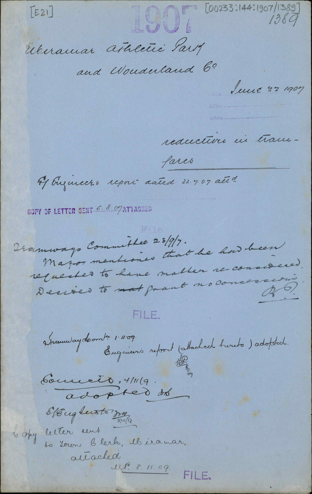 Reduction in tram fares - Miramar Athletic Park and Wonderland Co