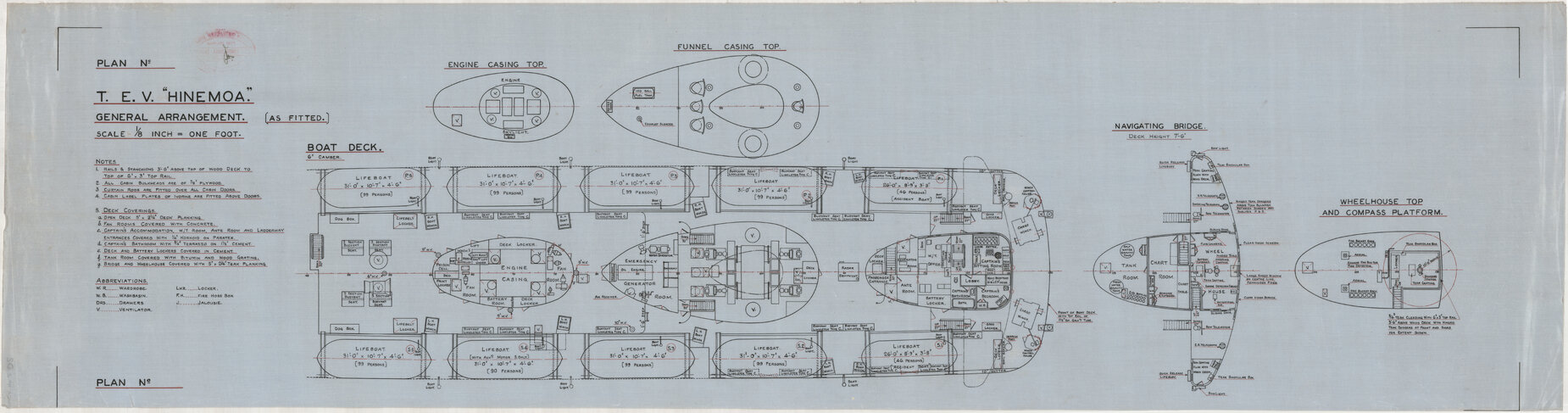 TEV Hinemoa, general arrangement, as fitted, boat deck