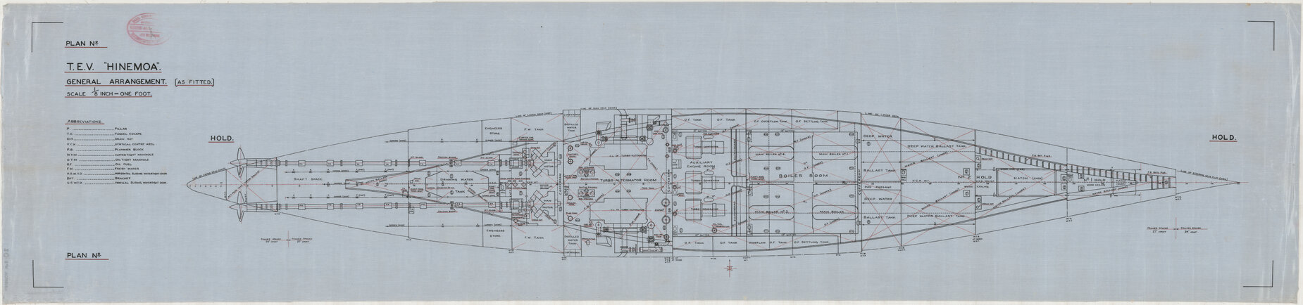 TEV Hinemoa, general arrangement, as fitted, hold