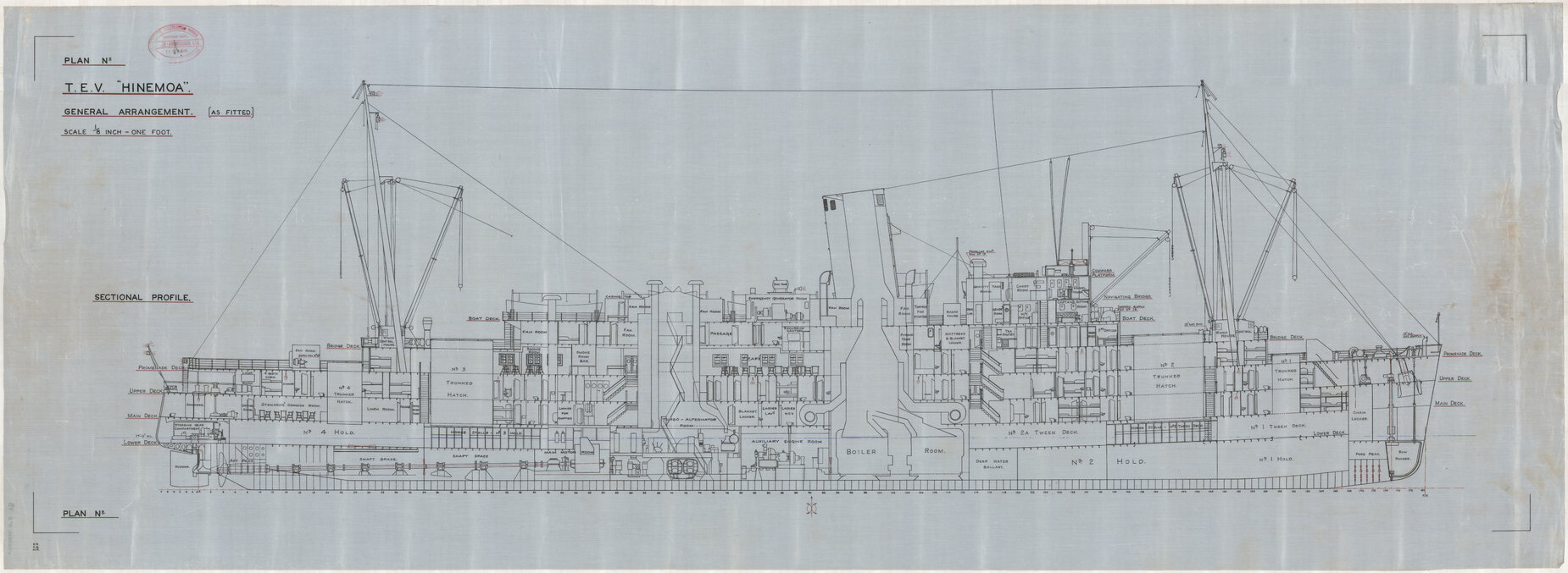 TEV Hinemoa, general arrangement, as fitted, sectional profile