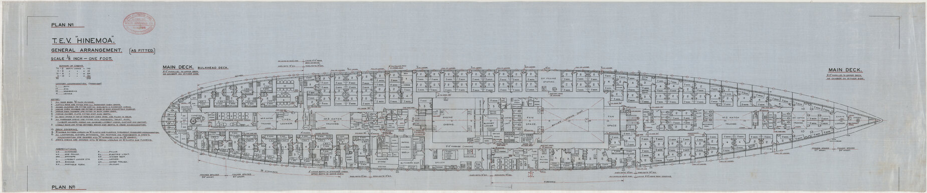 TEV Hinemoa, general arrangement, as fitted, main deck, bulkhead deck