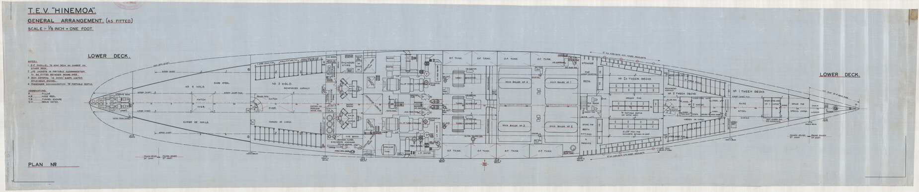 TEV Hinemoa, general arrangement, as fitted, lower deck