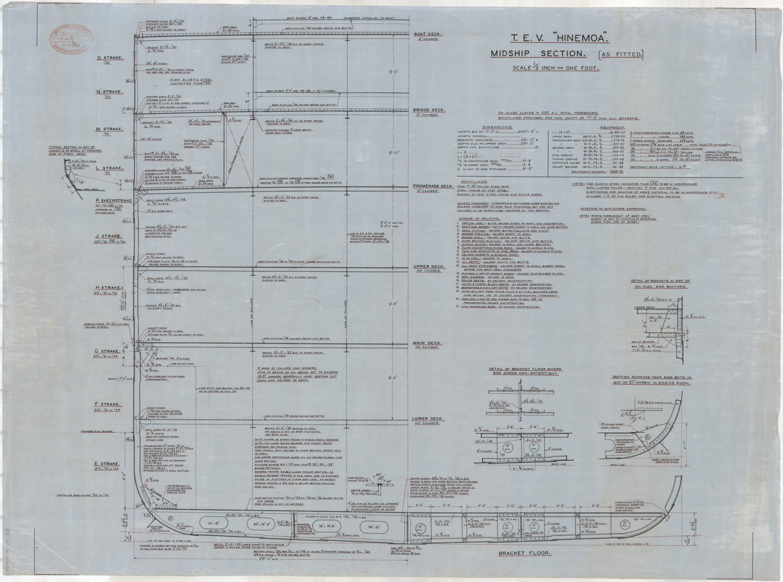 TEV Hinemoa, midship section, as fitted