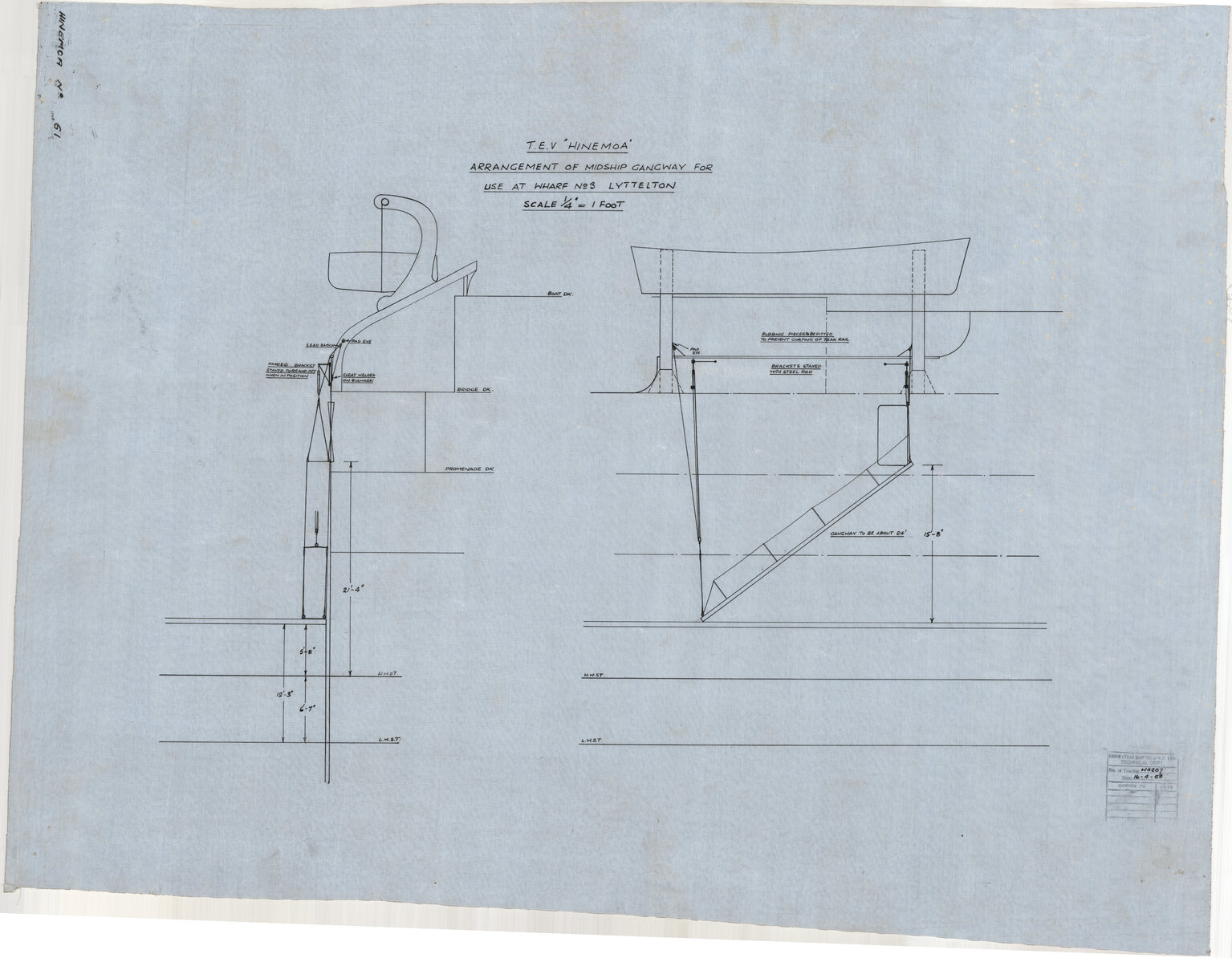 TEV Hinemoa, arrangement of midship gangway for use at wharf no. 3 Lyttelton
