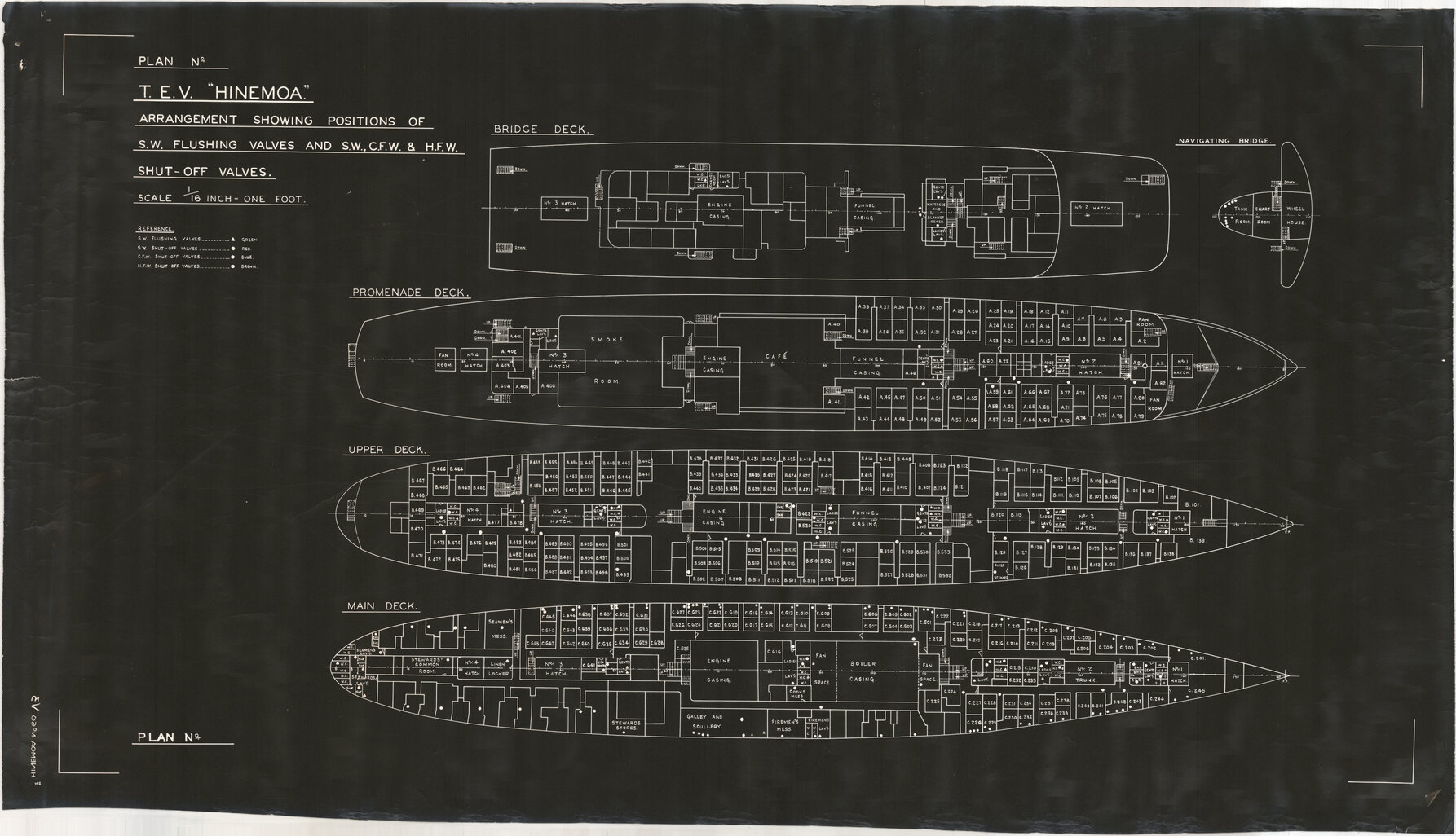 TEV Hinemoa, arrangement showing positions of SW flushing valves and SW, CFW and HFW shut-off valves