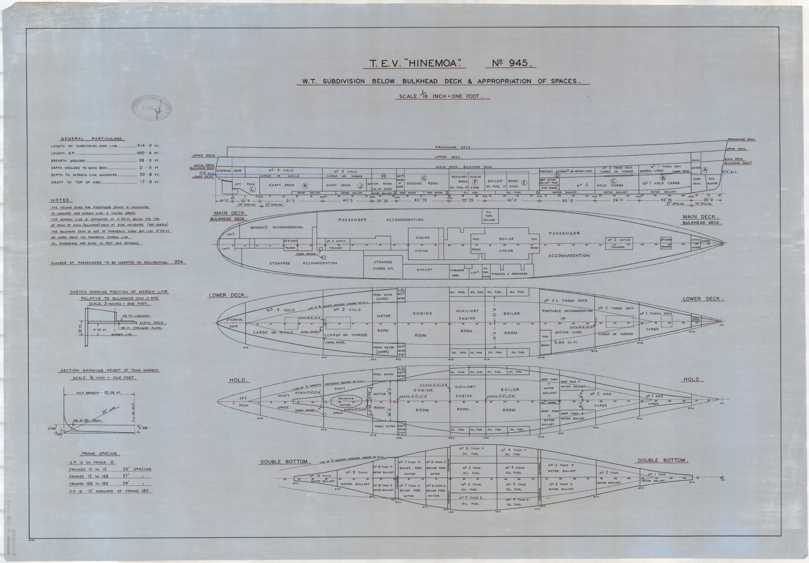 TEV Hinemoa, WT subdivsion below bulkhead deck and appropriation of spaces