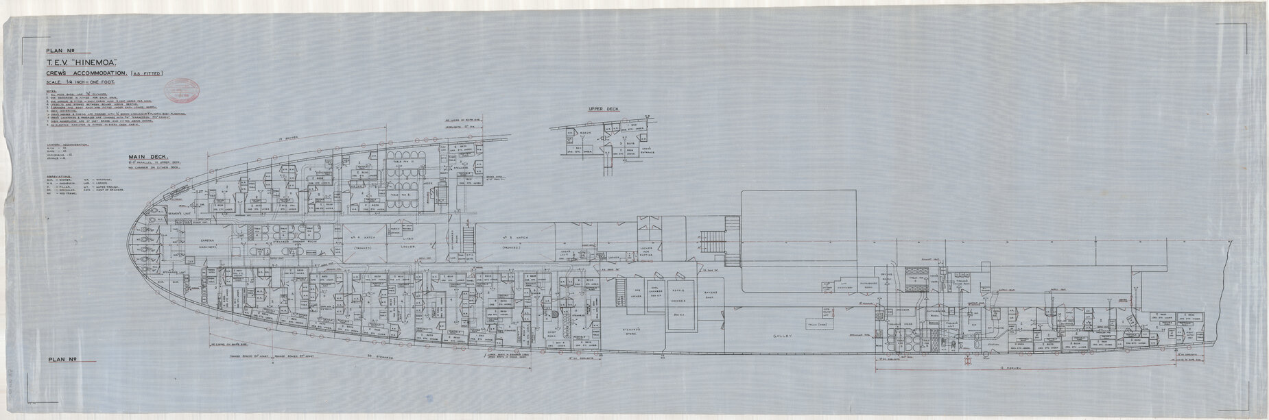 TEV Hinemoa, crew's accommodation, as fitted, main deck