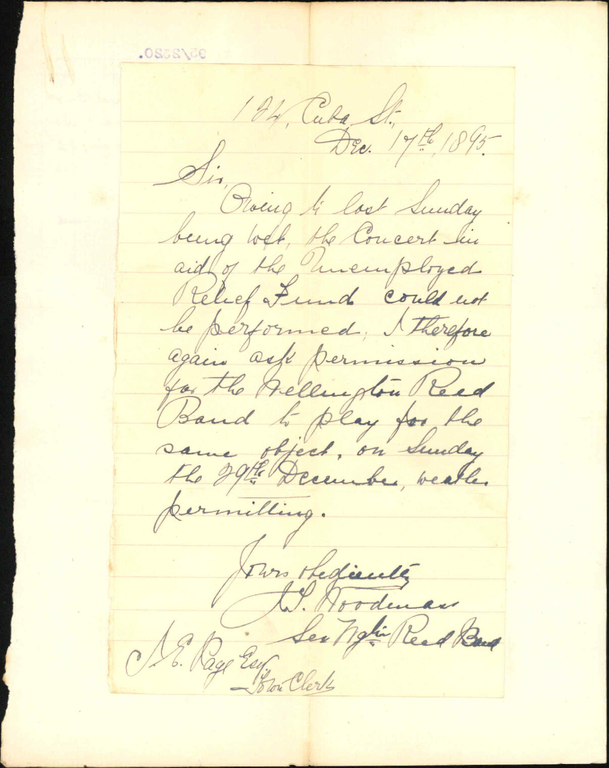 Asking for use of Basin Reserve on Sunday 29th inst - Wellington Reed Band