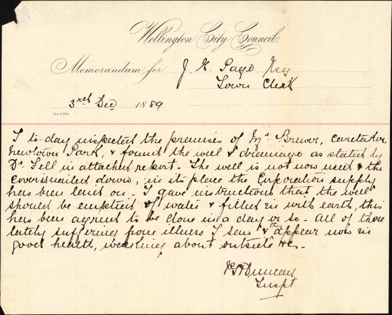Typhoid fever at Brewer's, Newtown Park - Dr Fell