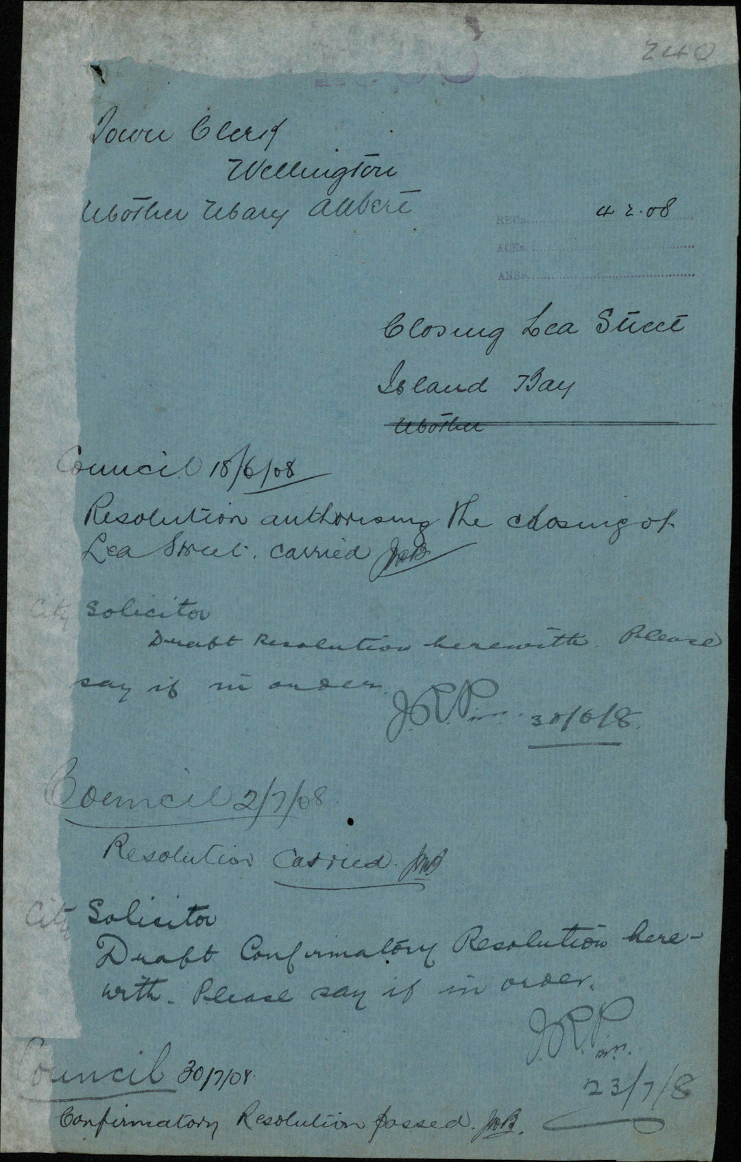 Closing Lea Street, Island Bay - Town Clerk, Wellington; Mother Mary Aubert