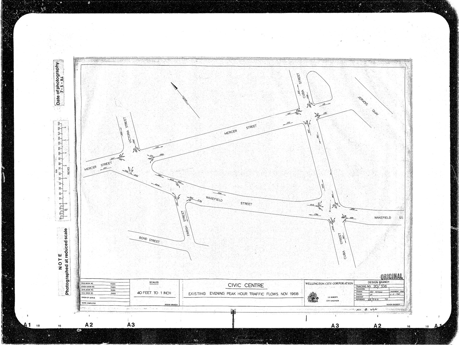 Civic Centre, existing evening peak hour traffic flows, Mercer Street, Cuba Street, Wakefield Street