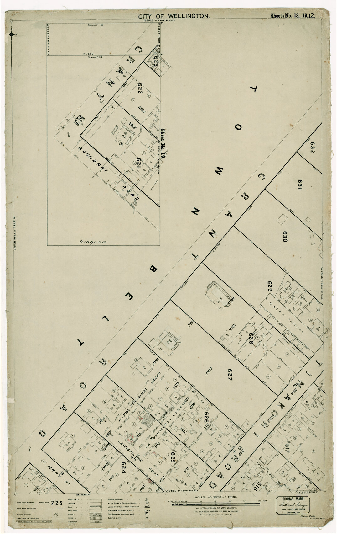 Thomas Ward survey map of Wellington City, sheets 12, 13, 19