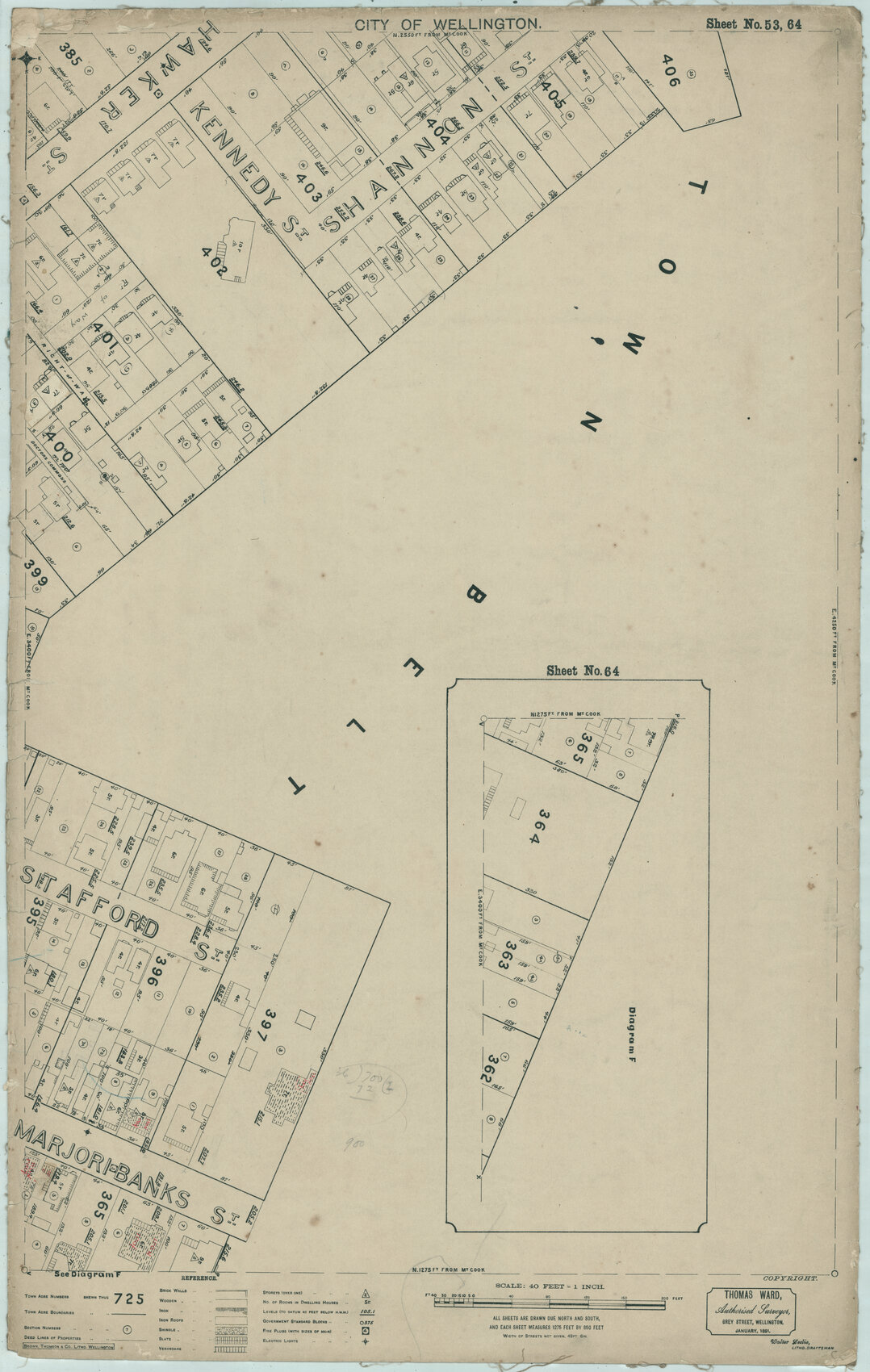 Thomas Ward survey map of Wellington City, sheet 53, 64