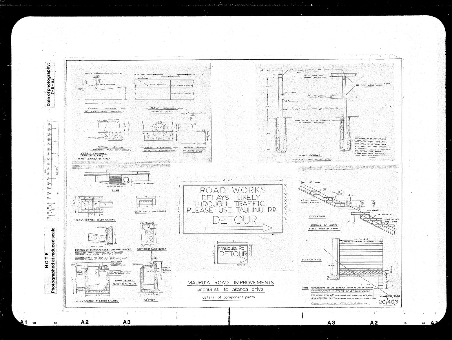 Maupuia Road improvements, Contract 2398, Details of Component Parts, Fence, Sump, Steps, Kerb &amp; Channel Cast in Place, Road Sign, compiled with negatives affixed to standard tracing sheet &amp; printed as one sheet for contract
