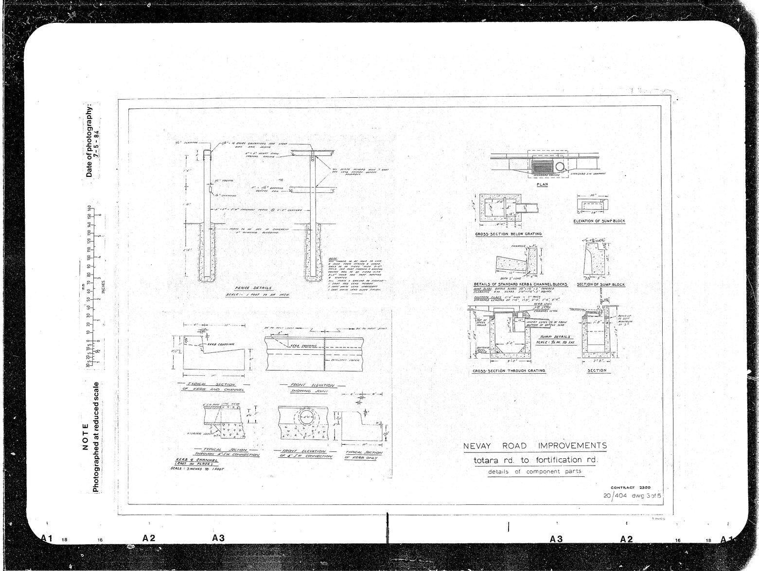 Nevay Road Improvements, Contract 2399, Details of Component Part, Fence, Sump, Kerb &amp; Channel Cast in Place, compiled with negatives affixed to standard tracing sheet &amp; printed as one sheet for contract