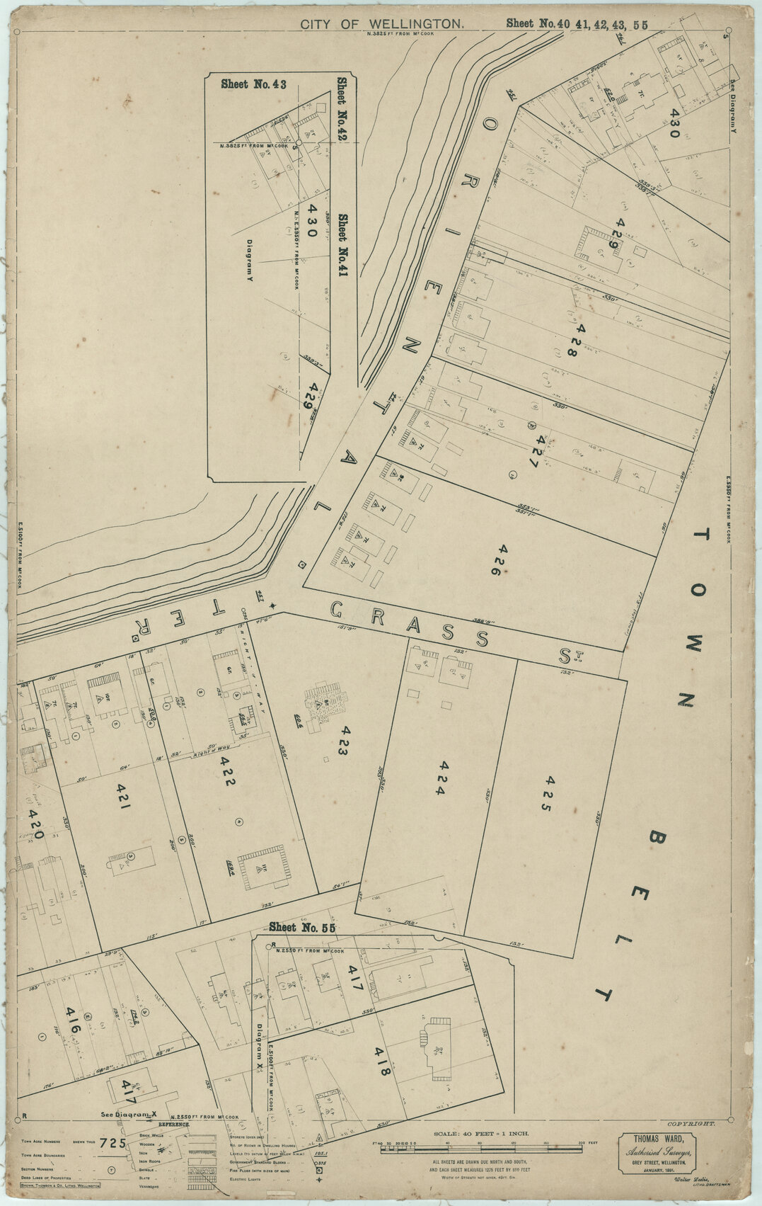 Thomas Ward survey map of Wellington City, sheet 40, 41, 42, 43, 55