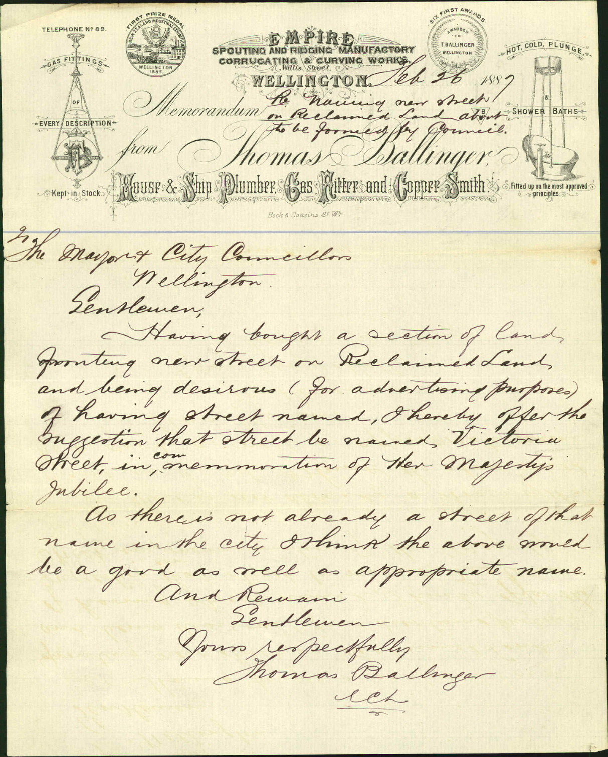 Suggesting name for new street [Victoria Street], Te Aro Reclamation - Thomas Ballinger