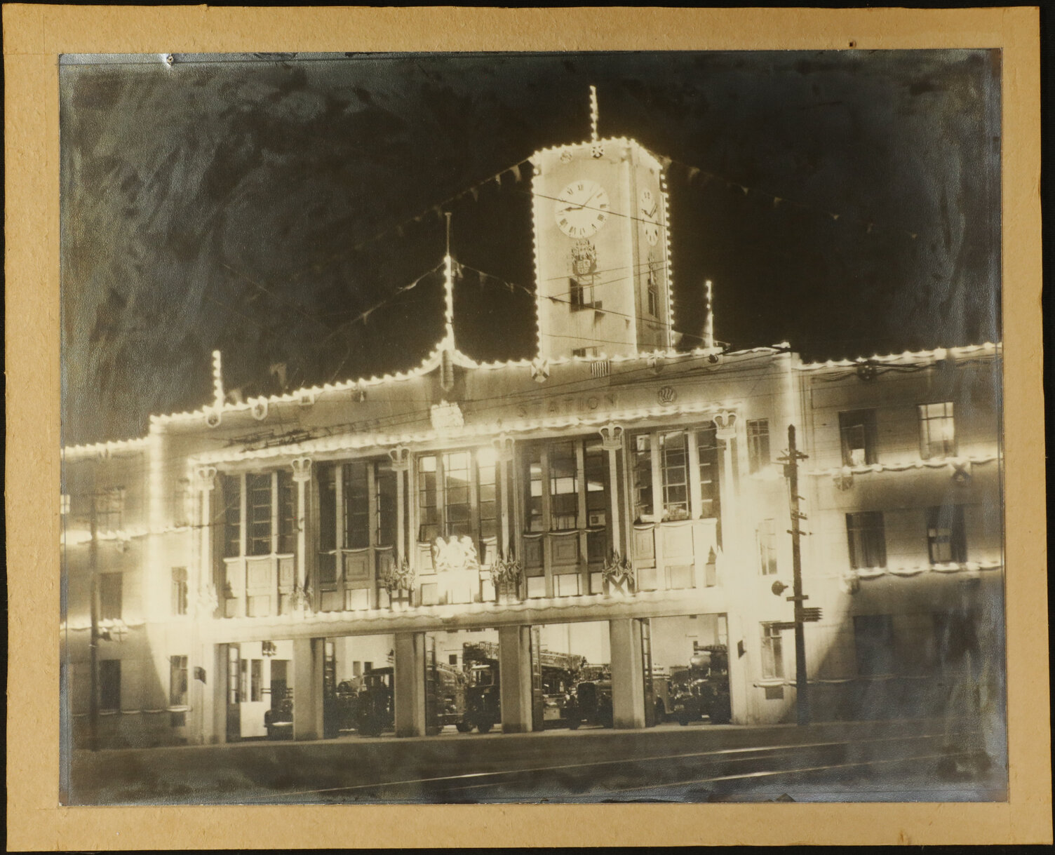 Wellington Fire Station, illuminated at night