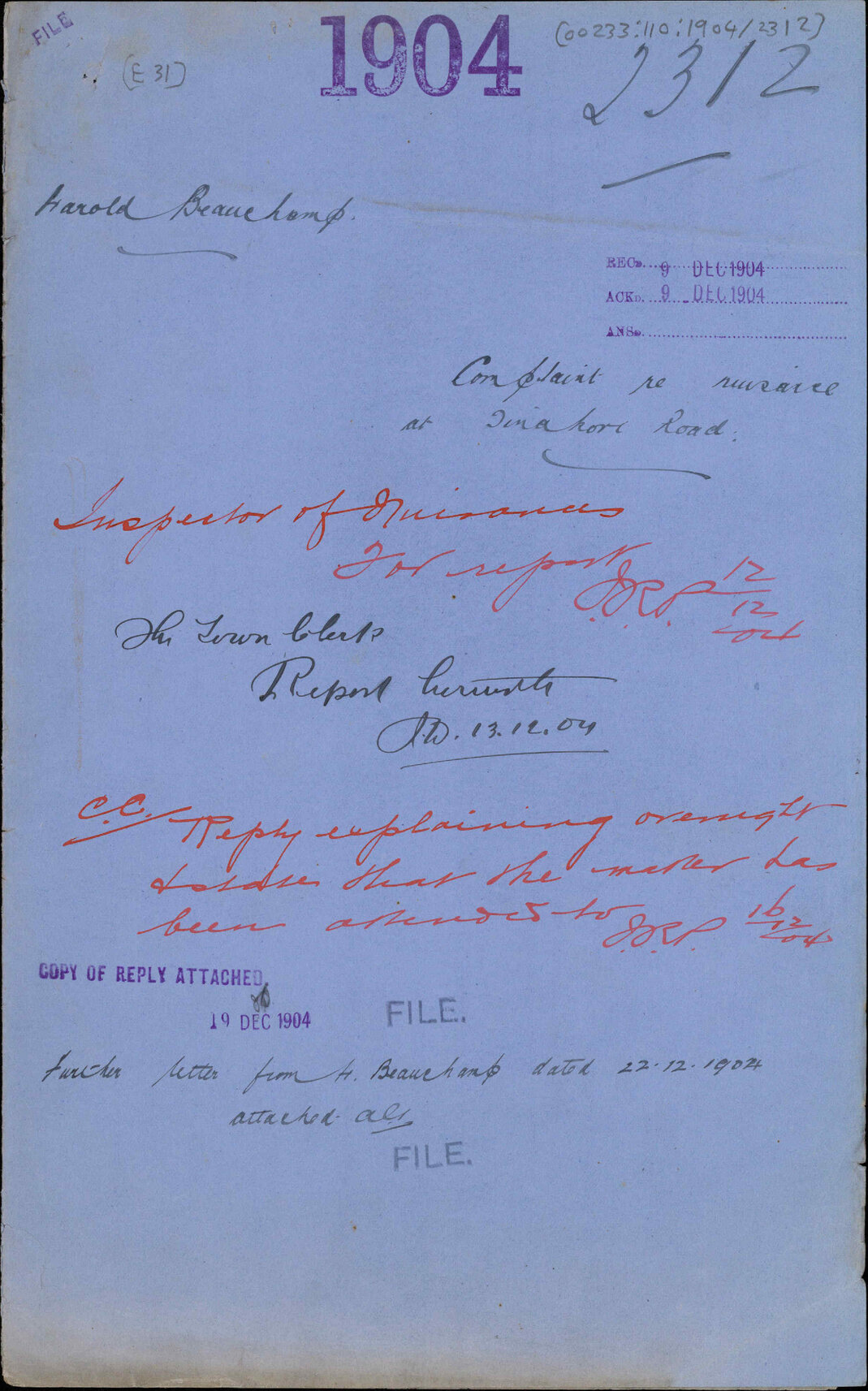 Complaint re nuisance at Tinakori Road - Harold Beauchamp