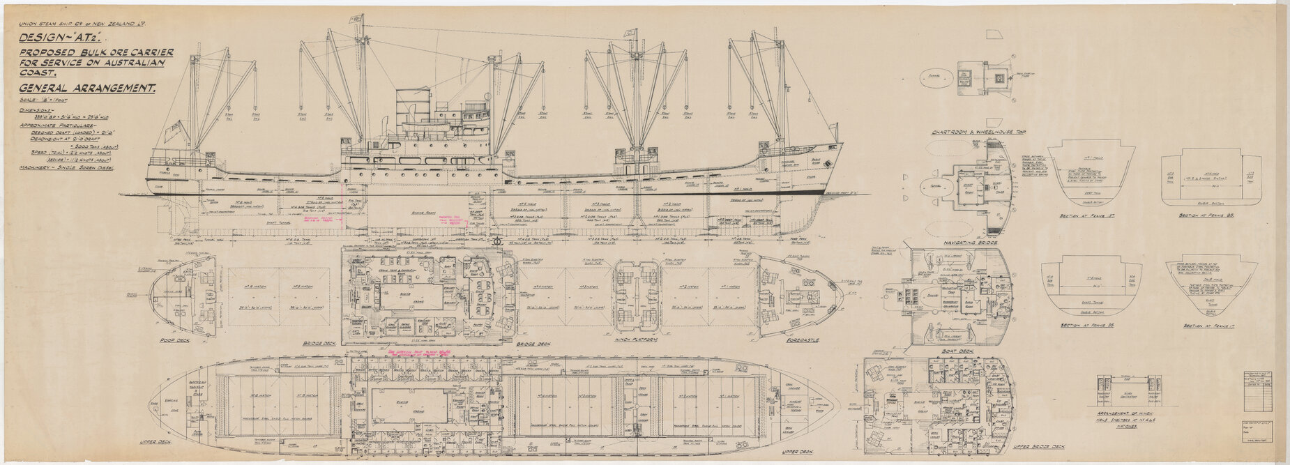 Design 'AT2", proposed bulk ore carrier for service on Australian coast, general arrangement