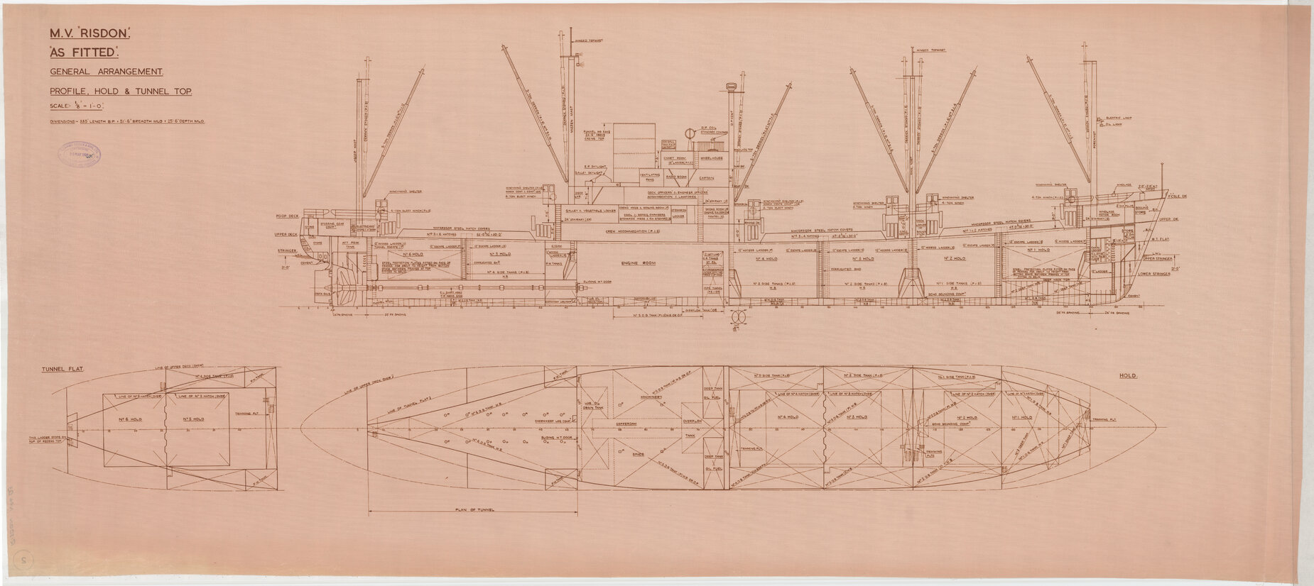 MV Risdon, as fitted, general arrangement, profile, hold and tunnel top