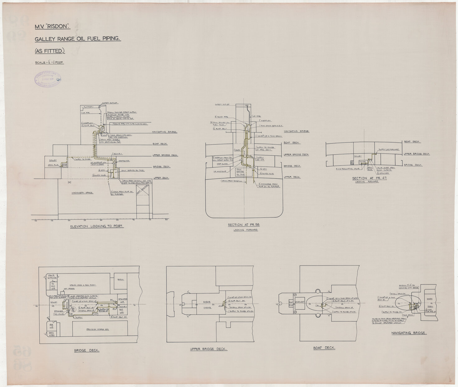 MV Risdon, galley range oil fuel piping as fitted